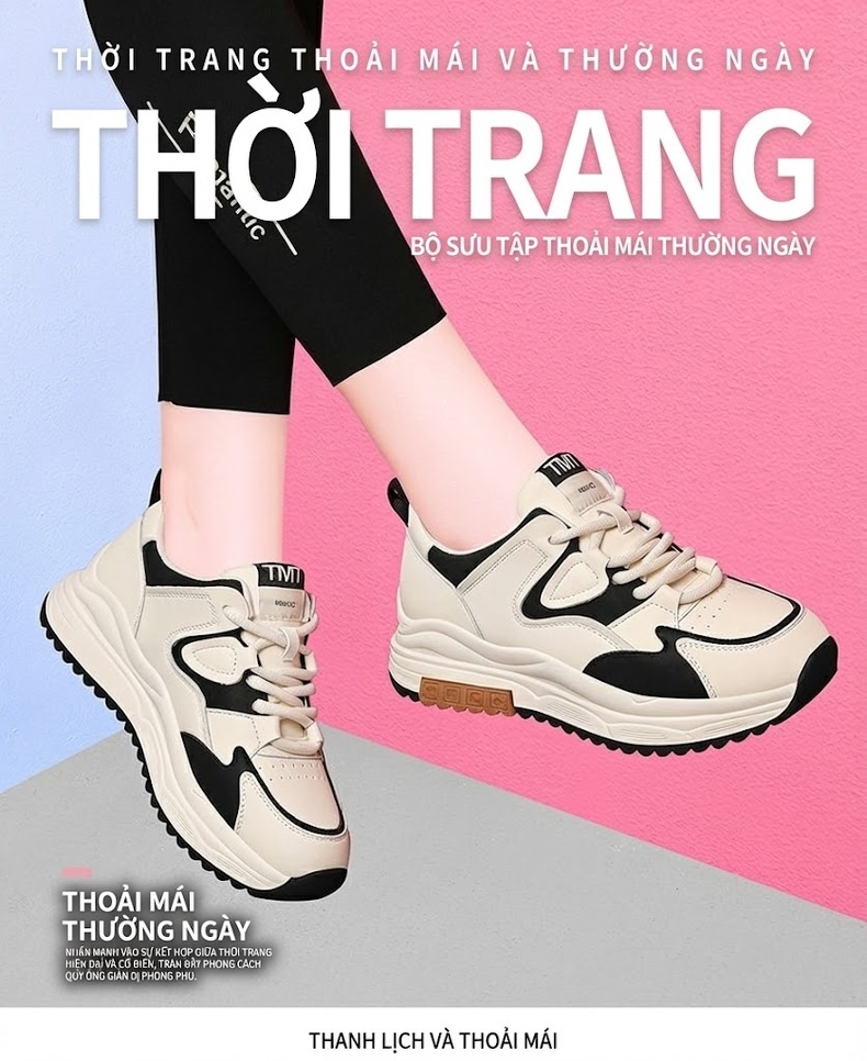 Giày Thể Thao Nữ Da Thật Đế Dày Phong Cách Retro Chiều Cao Đế Khoảng 4cm Màu Trắng, Đen chi tiết 2