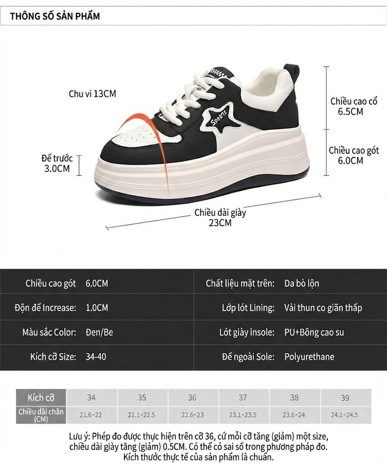 Giày Thể Thao Nữ Da Thật Đế Xuồng Chiều Cao Đế Khoảng 5cm Màu Trắng, Đen chi tiết 4