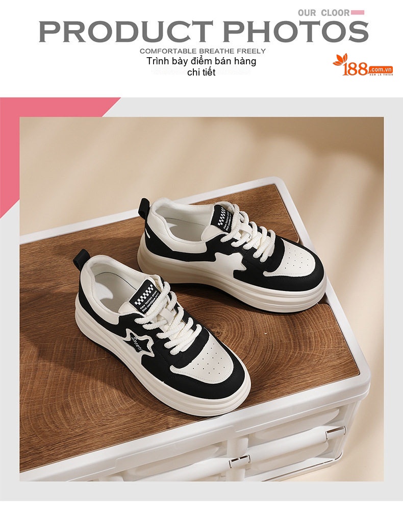 Giày Thể Thao Nữ Da Thật Đế Xuồng Chiều Cao Đế Khoảng 5cm Màu Trắng, Đen chi tiết 5