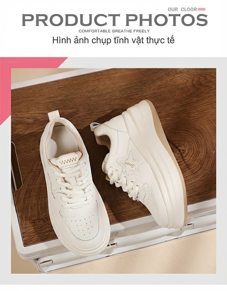 Giày Thể Thao Nữ Da Thật Đế Xuồng Chiều Cao Đế Khoảng 5cm Màu Trắng, Đen chi tiết 8