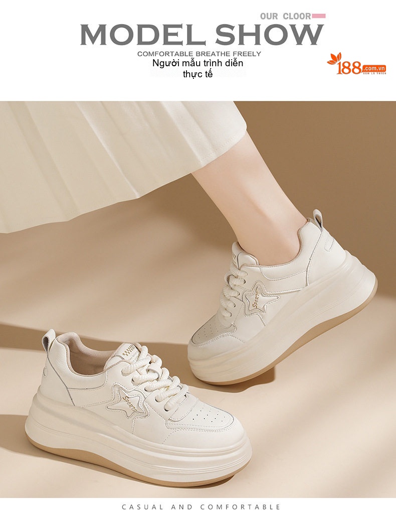 Giày Thể Thao Nữ Da Thật Đế Xuồng Chiều Cao Đế Khoảng 5cm Màu Trắng, Đen chi tiết 9