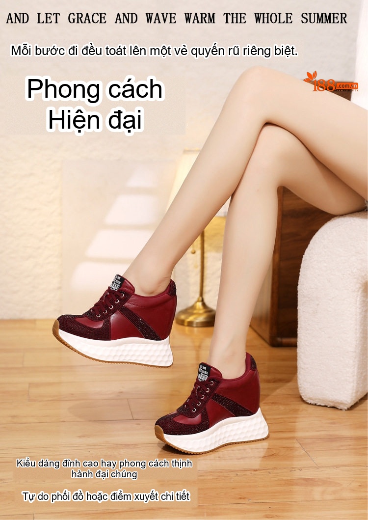 Giày Thể Thao Nữ Da Thật Đính Đá Chiều Cao Đế Khoảng 12cm Màu Đỏ, Nâu, Đen chi tiết 1