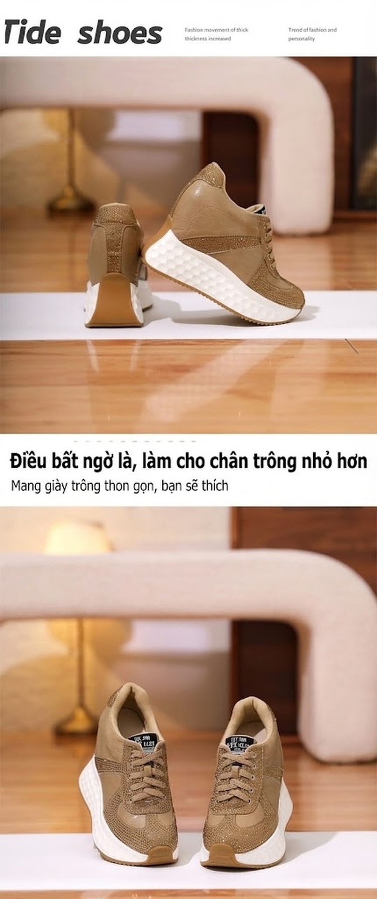 Giày Thể Thao Nữ Da Thật Đính Đá Chiều Cao Đế Khoảng 12cm Màu Đỏ, Nâu, Đen chi tiết 3