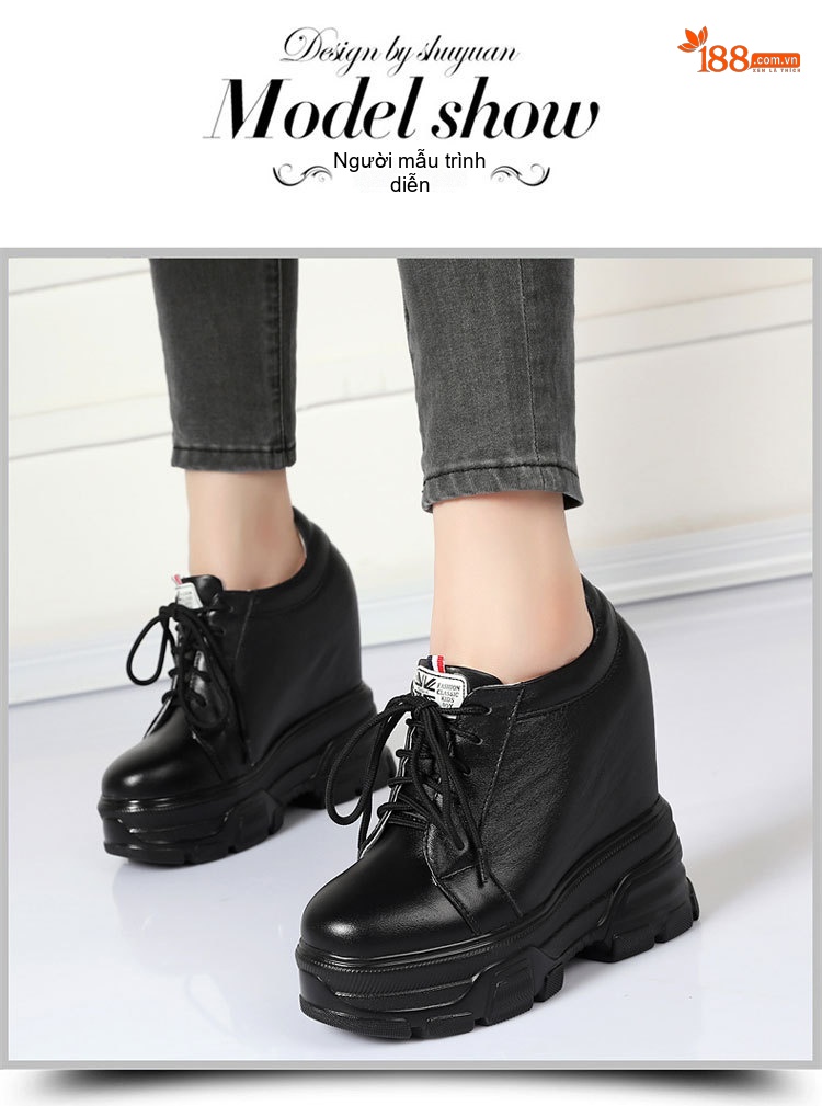 Giày Thể Thao Nữ Da Thật Kiểu Sneaker Nâng Chiều Cao Đế Khoảng 7cm Màu Đen, Trắng chi tiết 1