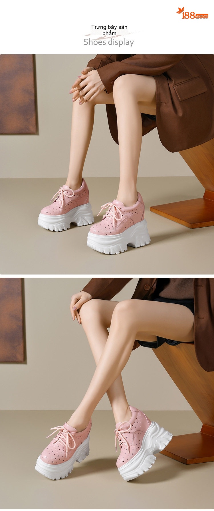 Giày Thể Thao Nữ Da Thật Lỗ Khoét Chiều Cao Đế Khoảng 14cm Màu Hồng, Đen, Trắng chi tiết 2