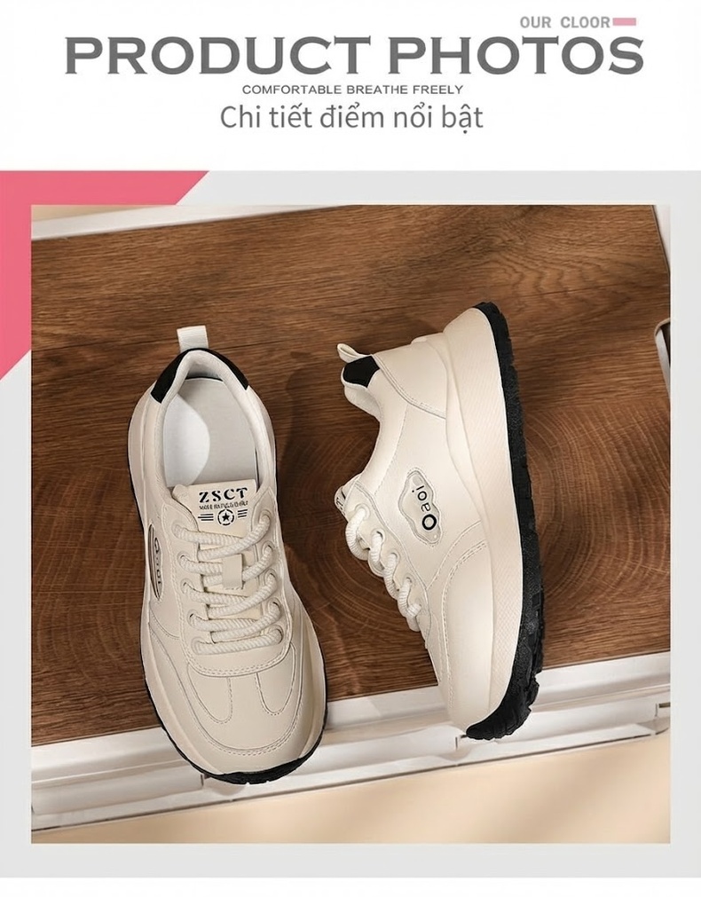 Giày Thể Thao Nữ Da Thật Mềm Mại Thoáng Khí Chiều Cao Đế Khoảng 4cm Màu Trắng Kem chi tiết 4