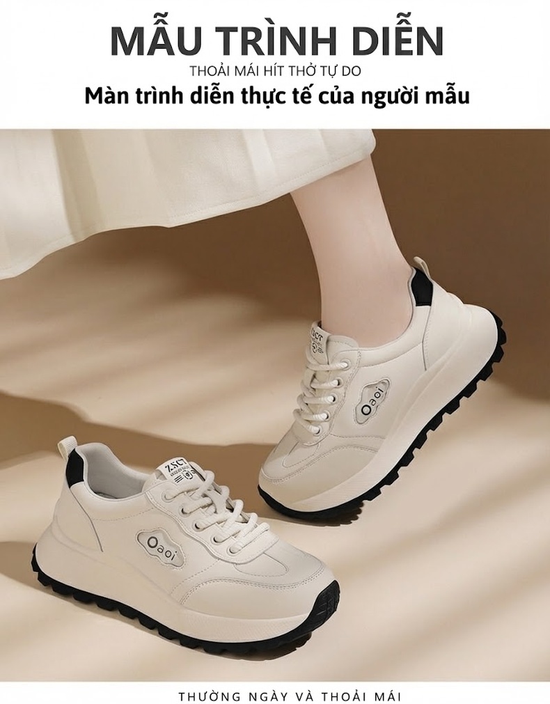 Giày Thể Thao Nữ Da Thật Mềm Mại Thoáng Khí Chiều Cao Đế Khoảng 4cm Màu Trắng Kem chi tiết 5