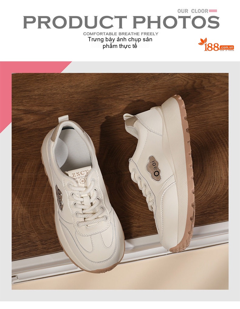 Giày Thể Thao Nữ Da Thật Mềm Mại Thoáng Khí Chiều Cao Đế Khoảng 4cm Màu Trắng Kem chi tiết 9