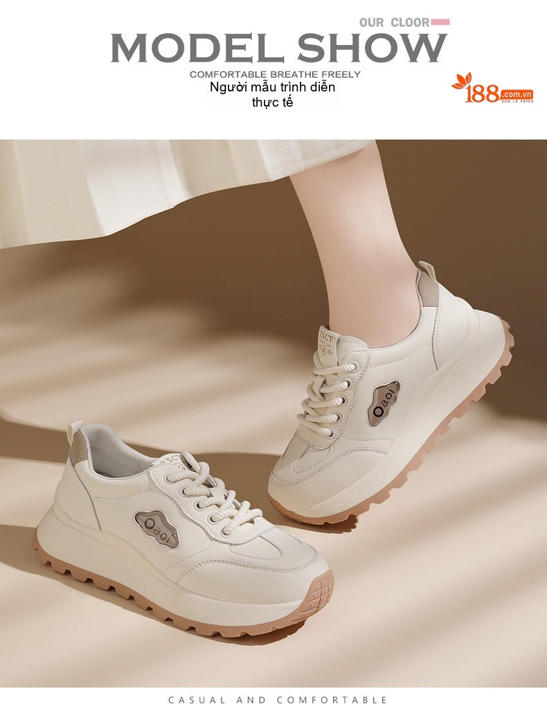 Giày Thể Thao Nữ Da Thật Mềm Mại Thoáng Khí Chiều Cao Đế Khoảng 4cm Màu Trắng Kem chi tiết 10