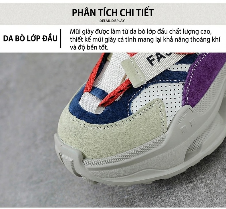 Giày Thể Thao Nữ Da Thật Phối Màu Chiều Cao Đế Khoảng 5cm Màu Trắng, Đỏ, Xanh Lá, Tím... chi tiết 4