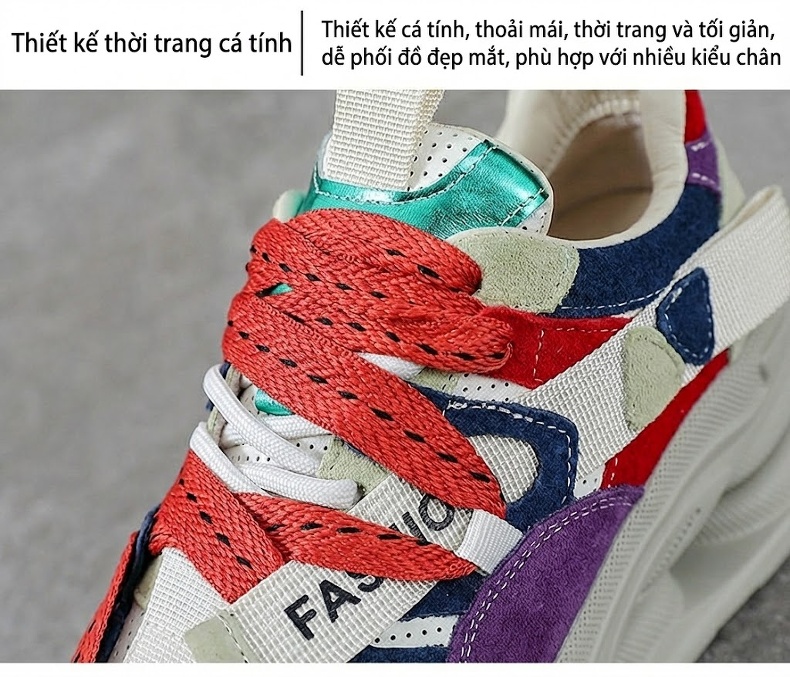 Giày Thể Thao Nữ Da Thật Phối Màu Chiều Cao Đế Khoảng 5cm Màu Trắng, Đỏ, Xanh Lá, Tím... chi tiết 5