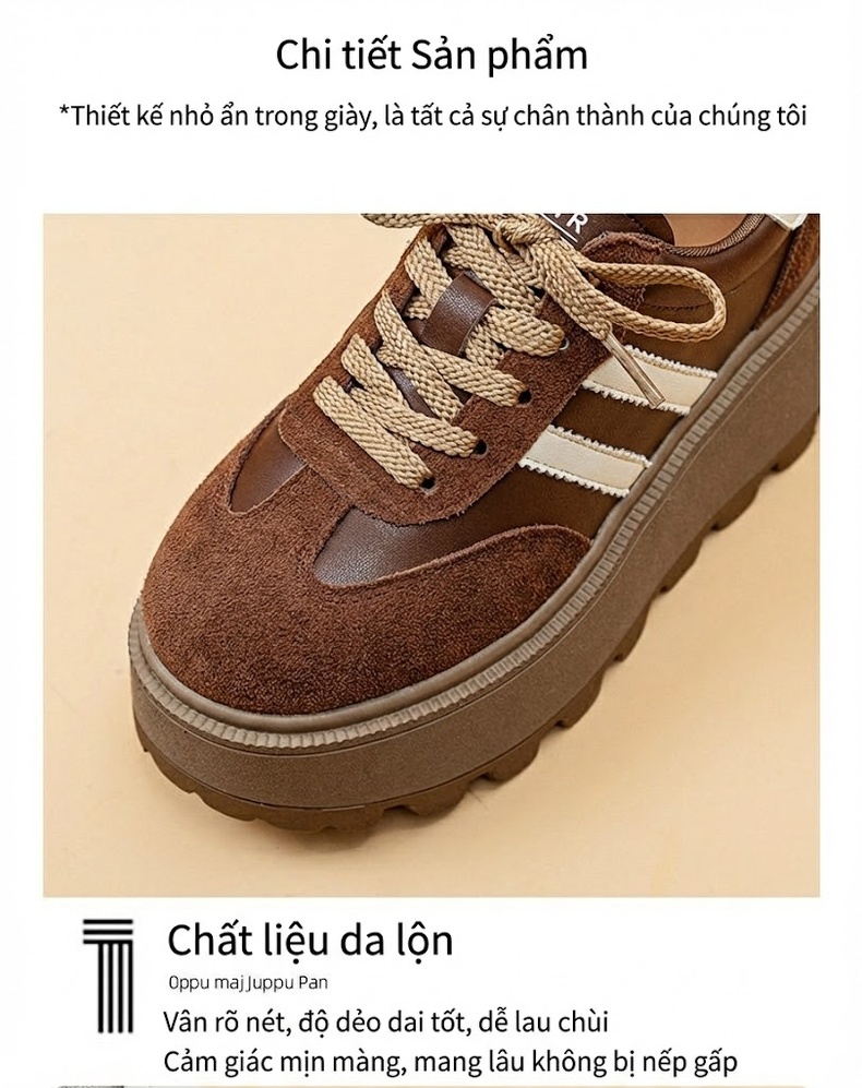 Giày Thể Thao Nữ Dây Buộc Da Mờ Đế Dày Chiều Cao Đế Khoảng 5cm Màu Nâu, Trắng chi tiết 7