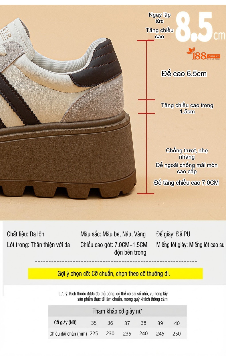 Giày Thể Thao Nữ Dây Buộc Da Mờ Đế Dày Chiều Cao Đế Khoảng 5cm Màu Nâu, Trắng chi tiết 5