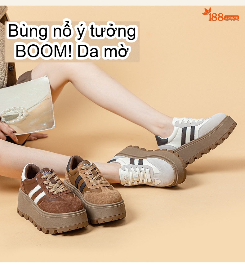 Giày Thể Thao Nữ Dây Buộc Da Mờ Đế Dày Chiều Cao Đế Khoảng 5cm Màu Nâu, Trắng chi tiết 3