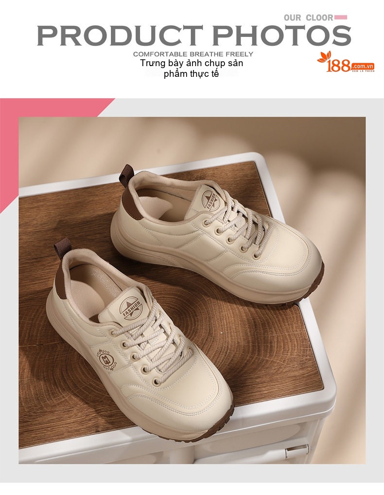 Giày Thể Thao Nữ Dây Buộc Đế Mềm Chiều Cao Đế Khoảng 4cm Màu Kem, Đen chi tiết 8