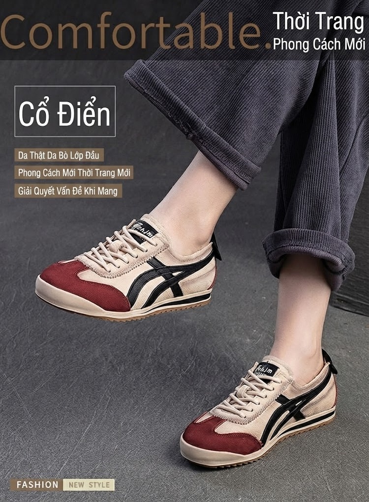 Giày Thể Thao Nữ Đế Bằng Phối Màu Phong Cách Retro Thoải Mái Chiều Cao Đế Khoảng 2cm Màu Kem, Đỏ, Nâu, Đen chi tiết 1