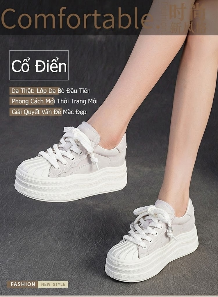 Giày Thể Thao Nữ Đế Bánh Mì Dây Buộc Chiều Cao Đế Khoảng 5cm Màu Trắng, Đen chi tiết 1