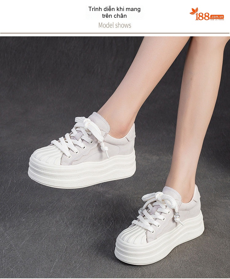 Giày Thể Thao Nữ Đế Bánh Mì Dây Buộc Chiều Cao Đế Khoảng 5cm Màu Trắng, Đen chi tiết 6