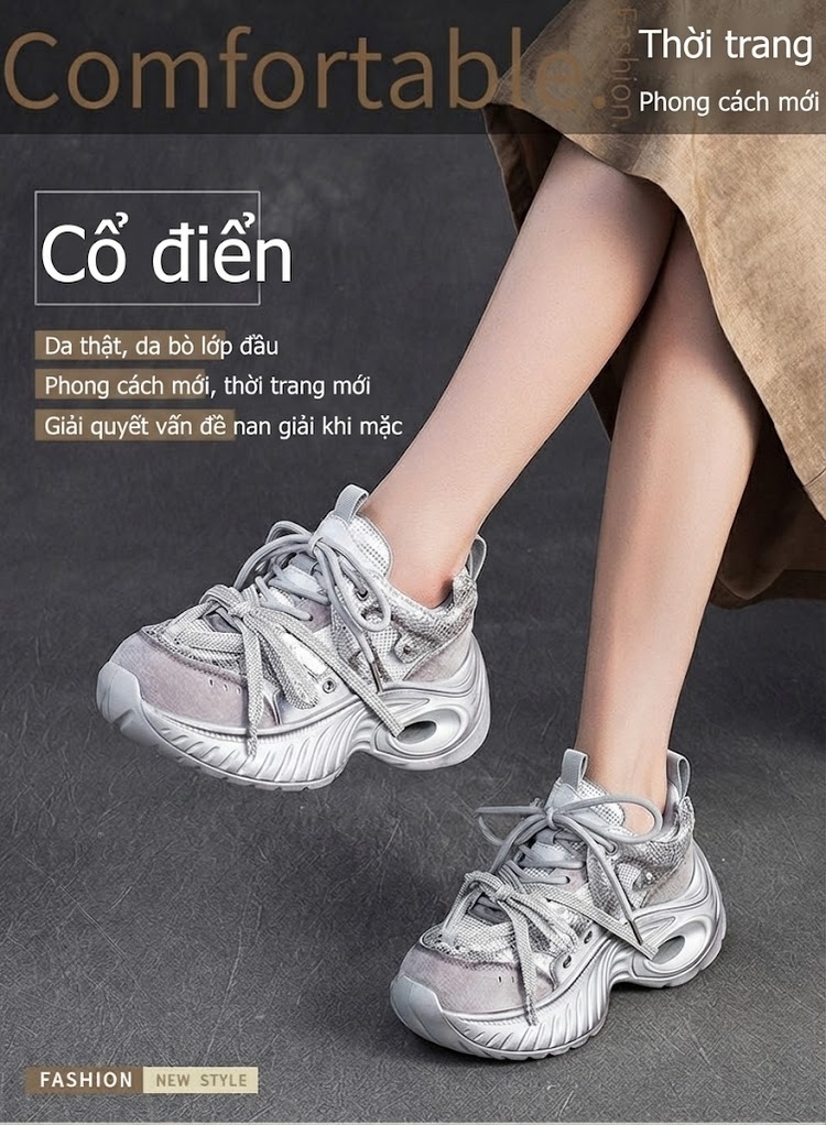 Giày Thể Thao Nữ Đế Bánh Mì Dây Buộc Phong Cách Casual Chiều Cao Đế Khoảng 5cm Màu Kem, Xám chi tiết 1