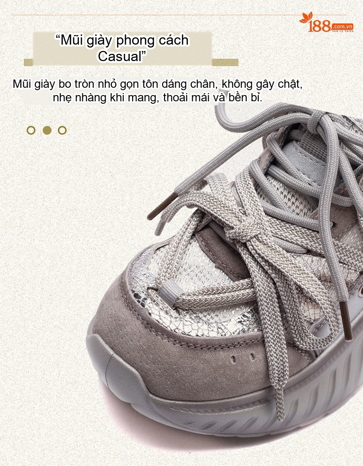Giày Thể Thao Nữ Đế Bánh Mì Dây Buộc Phong Cách Casual Chiều Cao Đế Khoảng 5cm Màu Kem, Xám chi tiết 3