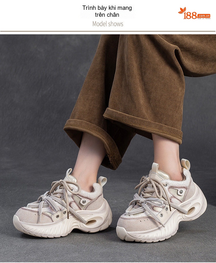 Giày Thể Thao Nữ Đế Bánh Mì Dây Buộc Phong Cách Casual Chiều Cao Đế Khoảng 5cm Màu Kem, Xám chi tiết 6