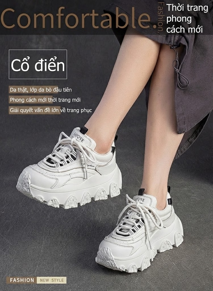 Giày Thể Thao Nữ Đế Bánh Mì Dây Buộc Phong Cách Hàn Quốc Chiều Cao Đế Khoảng 5cm Màu Trắng, Đen chi tiết 1