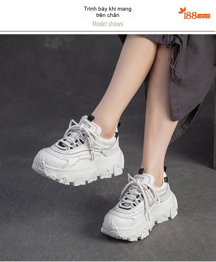 Giày Thể Thao Nữ Đế Bánh Mì Dây Buộc Phong Cách Hàn Quốc Chiều Cao Đế Khoảng 5cm Màu Trắng, Đen chi tiết 6