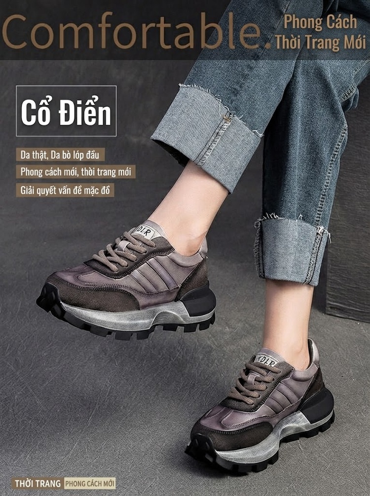 Giày Thể Thao Nữ Đế Bánh Mì Dây Buộc Phong Cách Thời Trang Chiều Cao Đế Khoảng 5cm Màu Nâu, Xám chi tiết 1