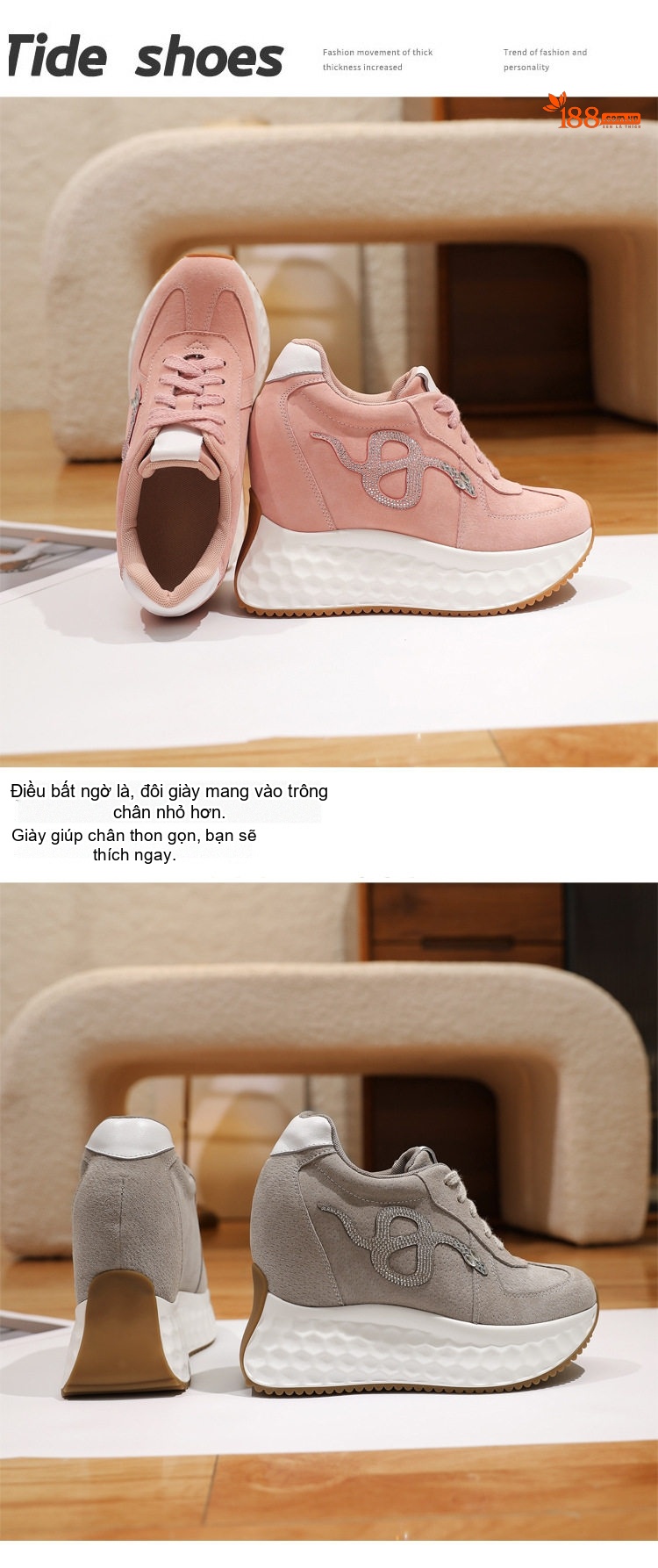 Giày Thể Thao Nữ Đế Cao 12cm Phong Cách Thời Trang Màu Hồng, Xám, Xanh... chi tiết 2