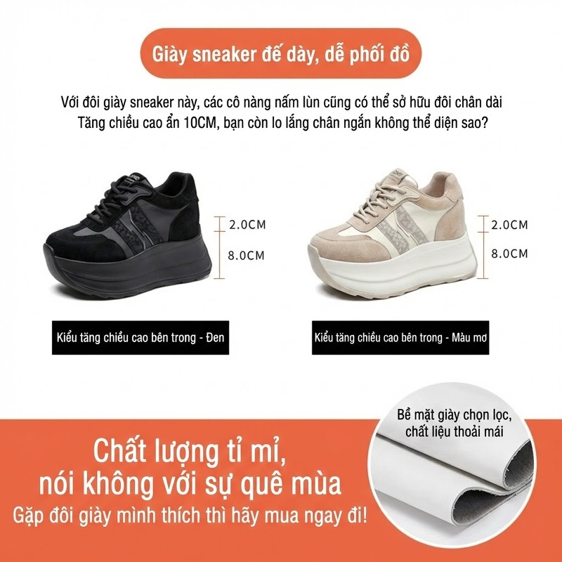 Giày Thể Thao Nữ Đế Cao 8cm Da Mờ Màu Be, Đen