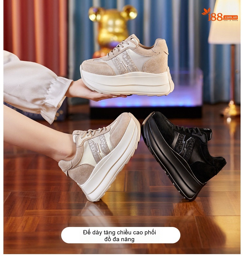 Giày Thể Thao Nữ Đế Cao 8cm Da Mờ Màu Be, Đen chi tiết 1