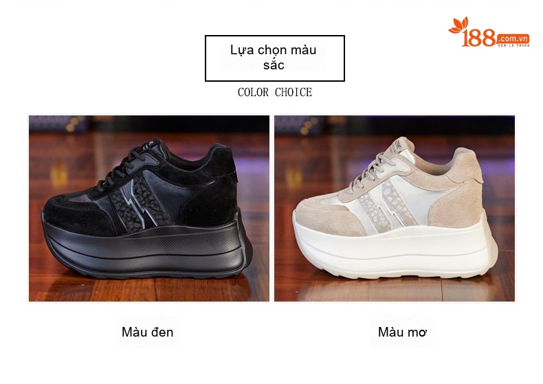 Giày Thể Thao Nữ Đế Cao 8cm Da Mờ Màu Be, Đen chi tiết 2
