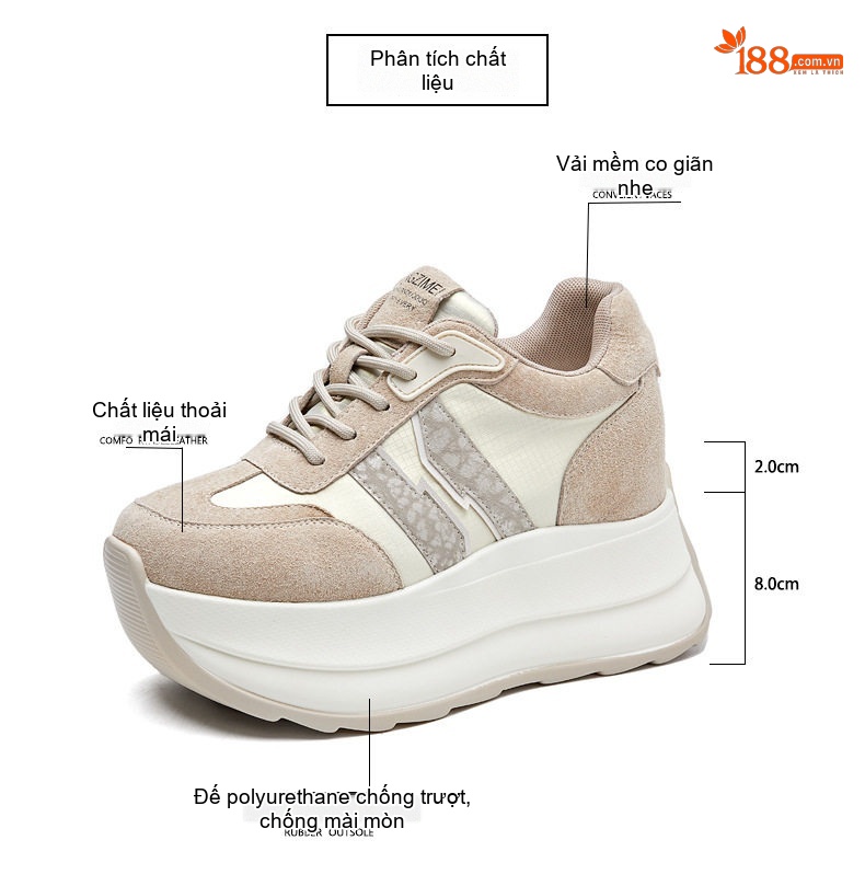 Giày Thể Thao Nữ Đế Cao 8cm Da Mờ Màu Be, Đen chi tiết 3