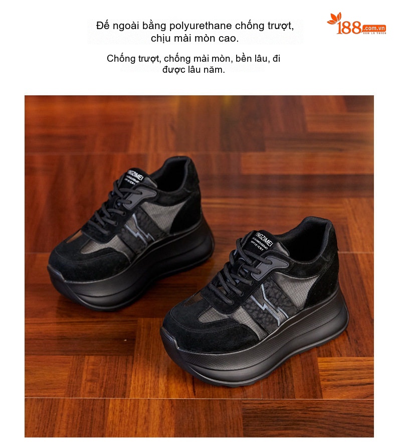 Giày Thể Thao Nữ Đế Cao 8cm Da Mờ Màu Be, Đen chi tiết 10