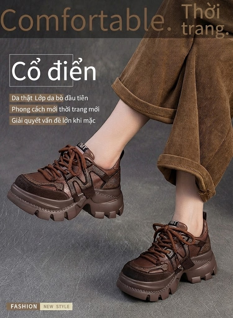 Giày Thể Thao Nữ Đế Cao Khoảng 5cm Phong Cách Retro Đính Đá Màu Đen, Nâu chi tiết 2