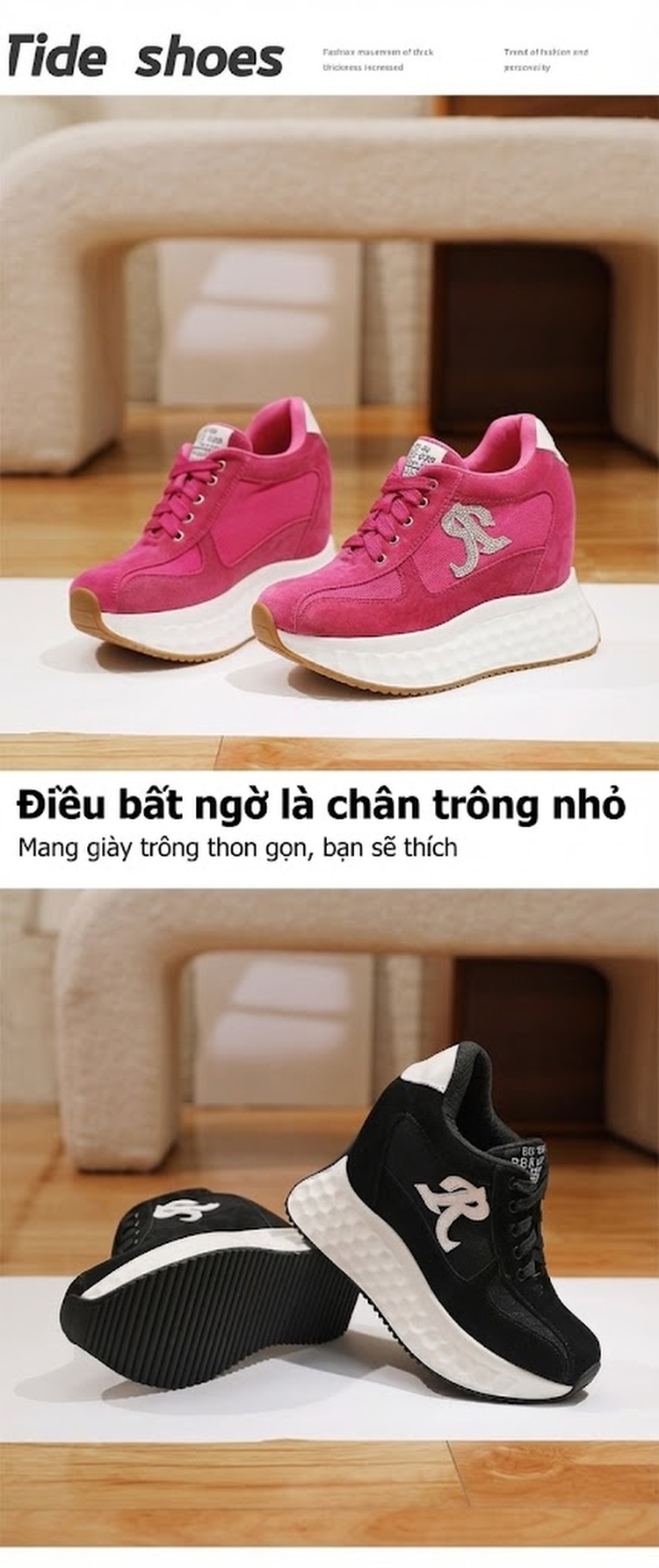 Giày Thể Thao Nữ Đế Cao Khoảng 6cm Phong Cách Hàn Quốc Màu Hồng, Đen, Xanh Lá chi tiết 3