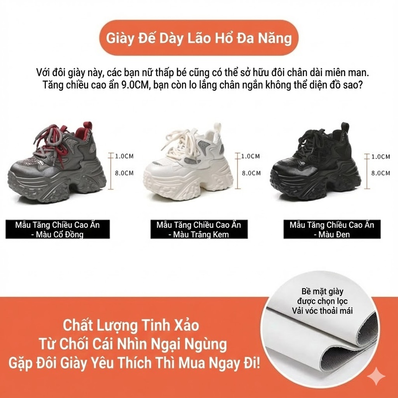 Giày Thể Thao Nữ Đế Cao Khoảng 8cm Phong Cách Sneaker Màu Xám, Trắng, Đen...
