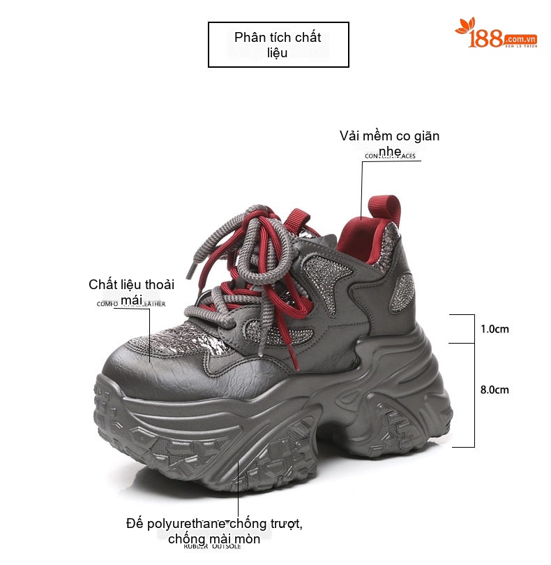 Giày Thể Thao Nữ Đế Cao Khoảng 8cm Phong Cách Sneaker Màu Xám, Trắng, Đen... chi tiết 3
