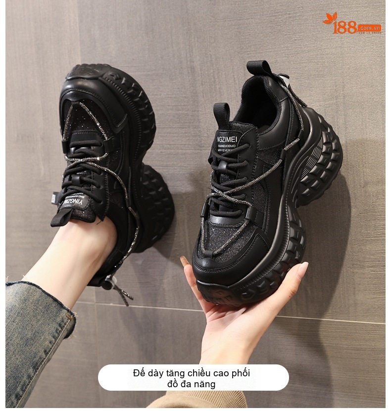 Giày Thể Thao Nữ Đế Dày Chiều Cao Đế 6.5cm Vải Lưới Thoáng Khí Màu Đen, Kem chi tiết 1