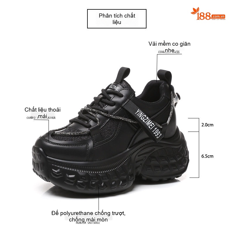Giày Thể Thao Nữ Đế Dày Chiều Cao Đế 6.5cm Vải Lưới Thoáng Khí Màu Đen, Kem chi tiết 3