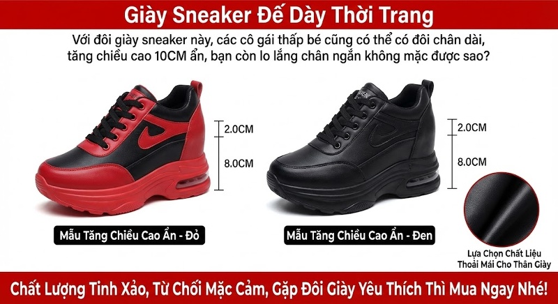 Giày Thể Thao Nữ Đế Dày Chiều Cao Đế 8cm Phong Cách Ulzzang Màu Đen, Trắng, Đỏ, Xám...