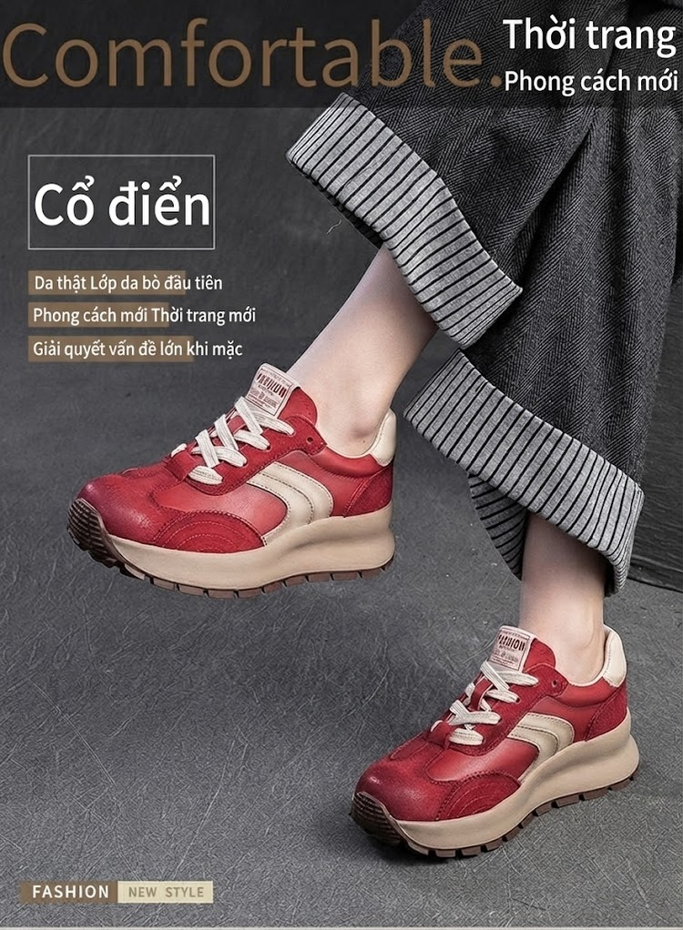 Giày Thể Thao Nữ Đế Dày Chiều Cao Đế Khoảng 5cm Kiểu Dáng Tròn Màu Đỏ, Kem chi tiết 2