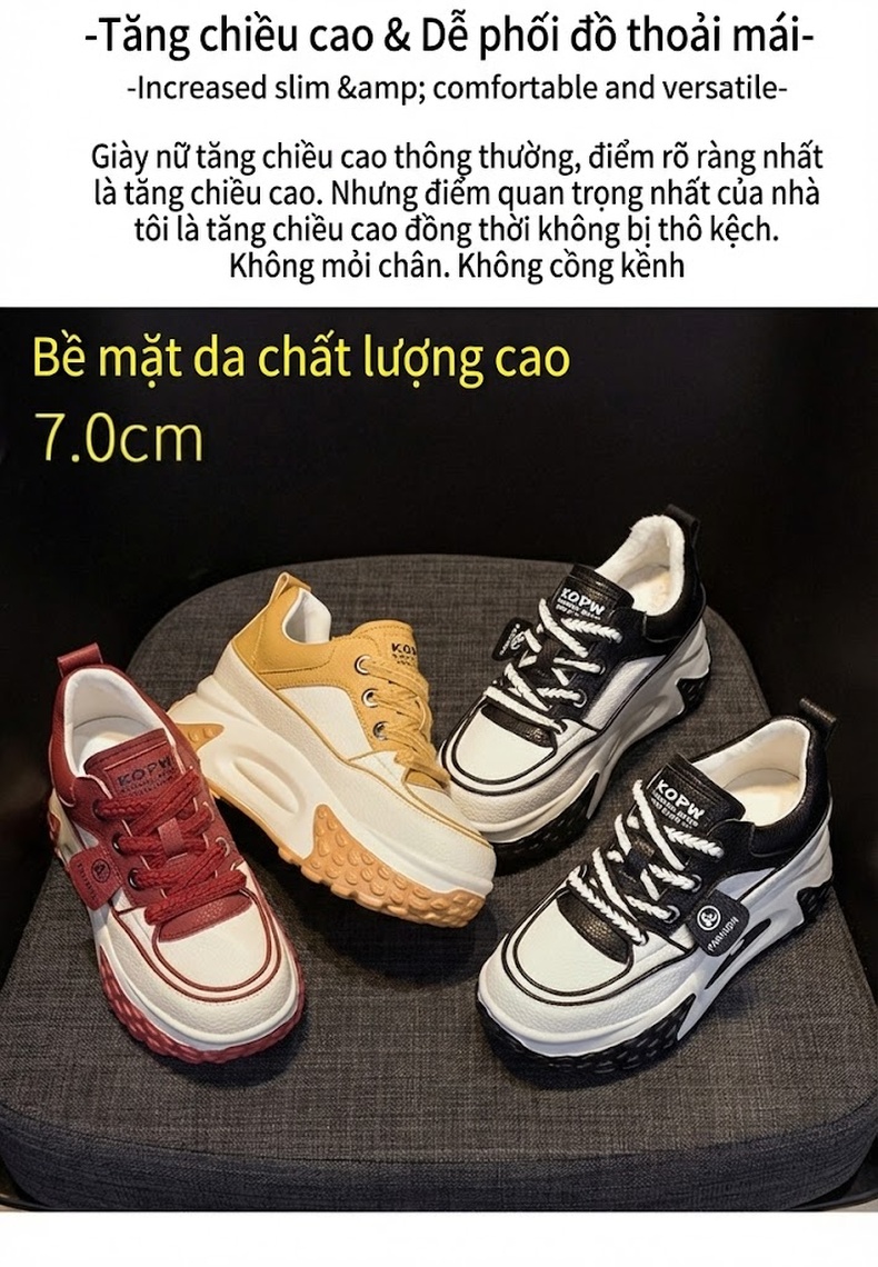 Giày Thể Thao Nữ Đế Dày Chiều Cao Đế Khoảng 5cm Phong Cách Hàn Quốc Màu Đỏ, Vàng, Đen, Trắng... chi tiết 2