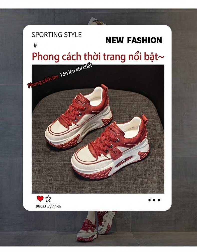 Giày Thể Thao Nữ Đế Dày Chiều Cao Đế Khoảng 5cm Phong Cách Hàn Quốc Màu Đỏ, Vàng, Đen, Trắng... chi tiết 3
