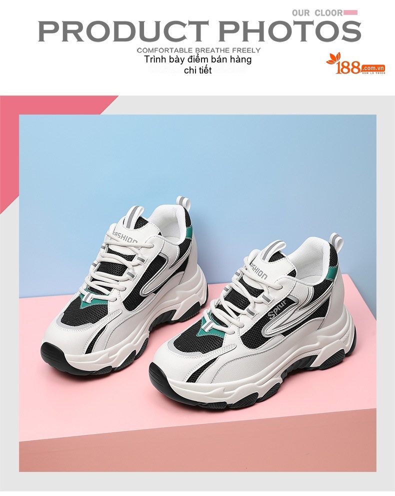Giày Thể Thao Nữ Đế Dày Chiều Cao Đế Khoảng 5cm Phong Cách Hàn Quốc Màu Trắng, Đen, Xám, Xanh... chi tiết 4
