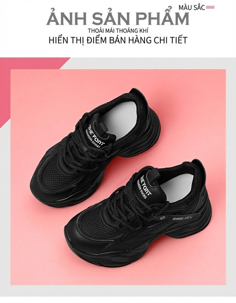 Giày Thể Thao Nữ Đế Dày Chiều Cao Đế Khoảng 5cm Phong Cách Ulzzang Màu Đen, Kem chi tiết 2