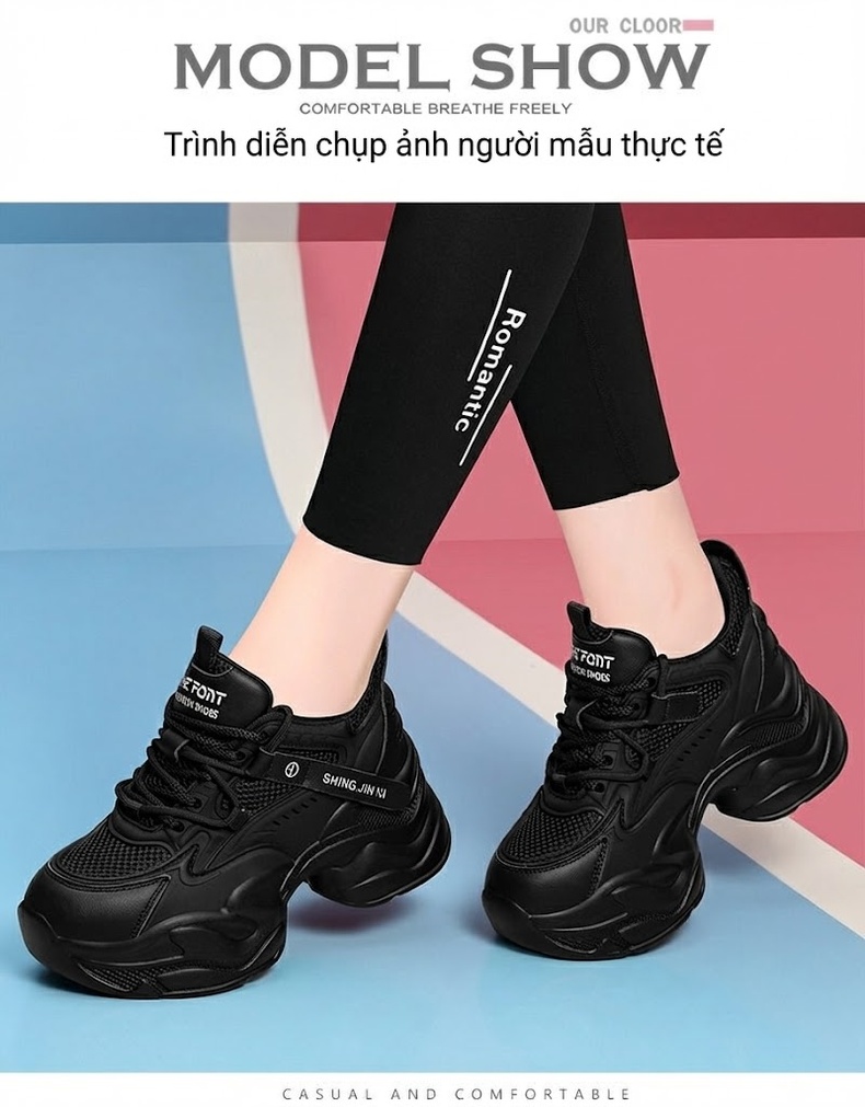 Giày Thể Thao Nữ Đế Dày Chiều Cao Đế Khoảng 5cm Phong Cách Ulzzang Màu Đen, Kem chi tiết 3