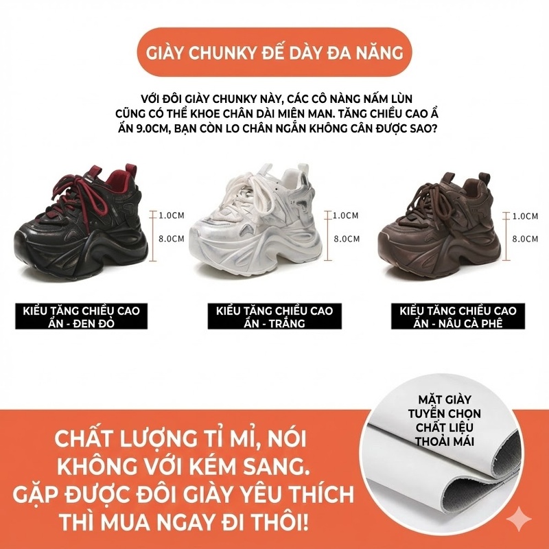 Giày Thể Thao Nữ Đế Dày Chiều Cao Đế Khoảng 8cm Da Bóng Màu Đen, Trắng, Nâu