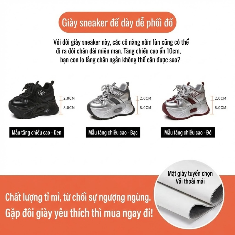 Giày Thể Thao Nữ Đế Dày Chiều Cao Đế Khoảng 8cm Phong Cách Ulzzang Màu Đen, Bạc, Đỏ