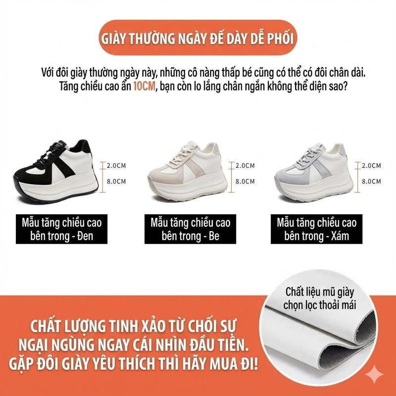 Giày Thể Thao Nữ Đế Dày Chiều Cao Khoảng 8cm Phong Cách Casual Màu Đen, Trắng, Be, Xám...